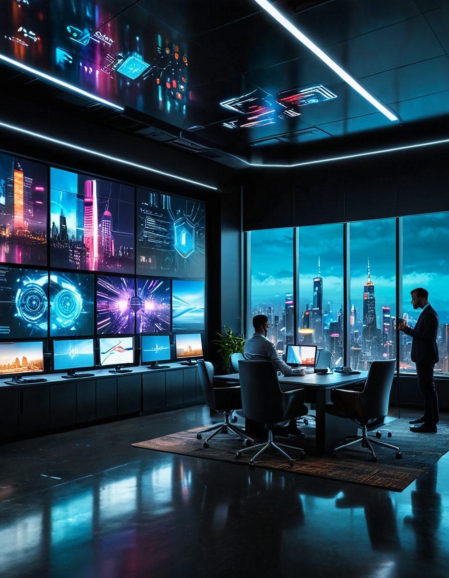 A futuristic office space showcasing digital screens displaying innovative risk management tools and insurance analytics. On one side, a diverse team of professionals collaborates over a sleek interface, brainstorming with virtual reality elements around them. The atmosphere is bright and tech-savvy, with symbols of security and data visualization floating in the air. A city skyline with digital overlays can be seen through glass windows. vibrant colors. cyberpunk.