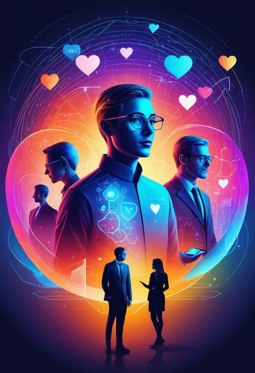 An abstract representation of digital transformation in insurtech, featuring a diverse group of individuals interacting with futuristic digital interfaces displaying insurance data. Incorporate elements symbolizing customer experience, such as satisfied faces and digital hearts. Use vibrant colors to convey innovation and optimism. Elements of technology like blockchain and AI should subtly blend into the background. vector art. vibrant colors. high-tech style.