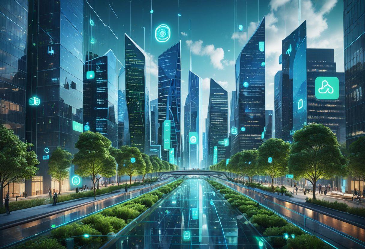 A futuristic digital landscape showcasing a dynamic interface representing insurtech solutions, with abstract representations of data flow, insurance policies, and web engineering tools. Incorporate elements like virtual reality, cloud computing, and AI-driven analytics, all integrated seamlessly into a modern city skyline backdrop. Bright blue and green hues signify innovation and technology, with floating icons depicting insurance concepts. super-realistic. vibrant colors. 3D.
